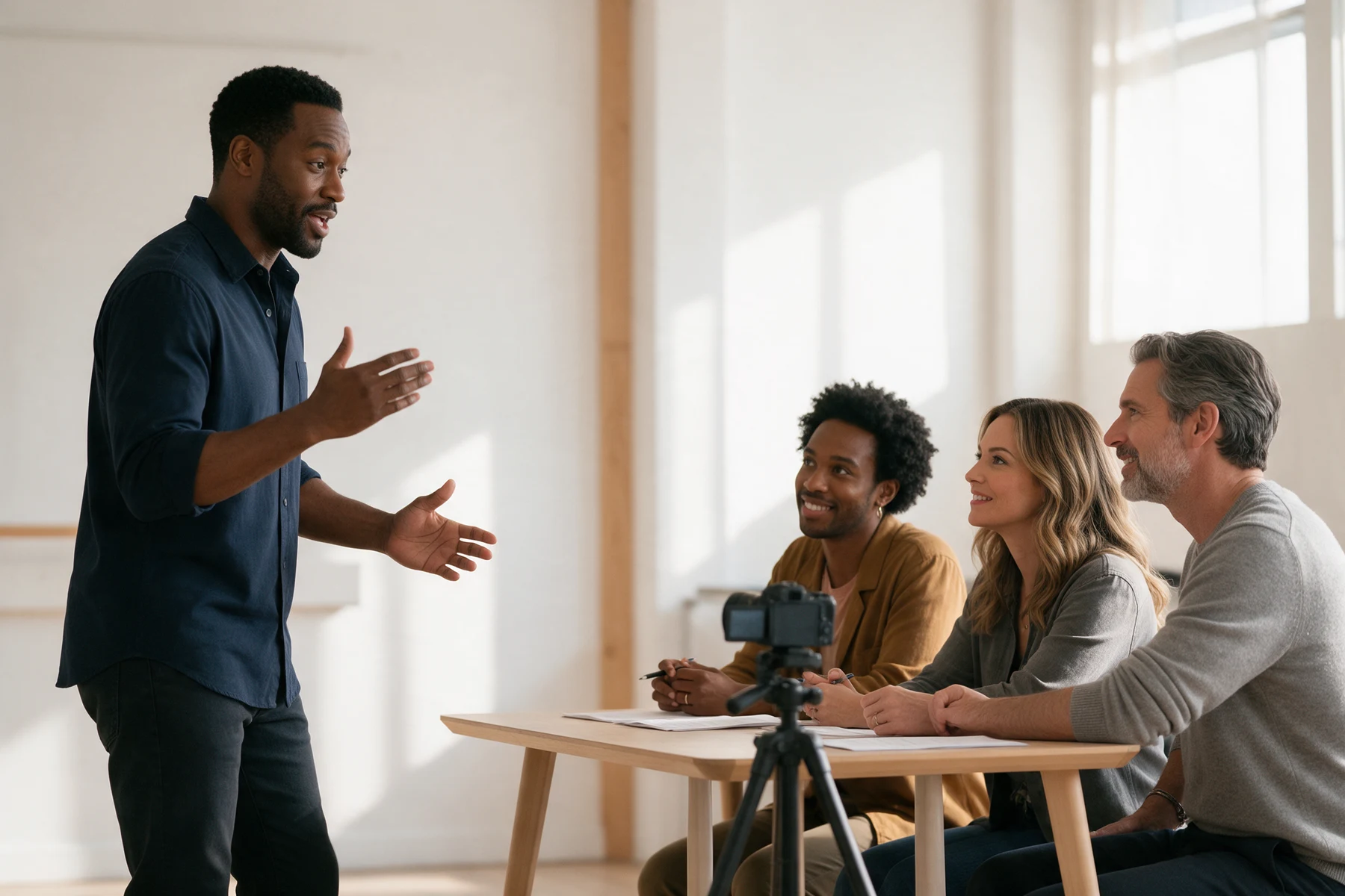 Performer presenting a scene to a casting team