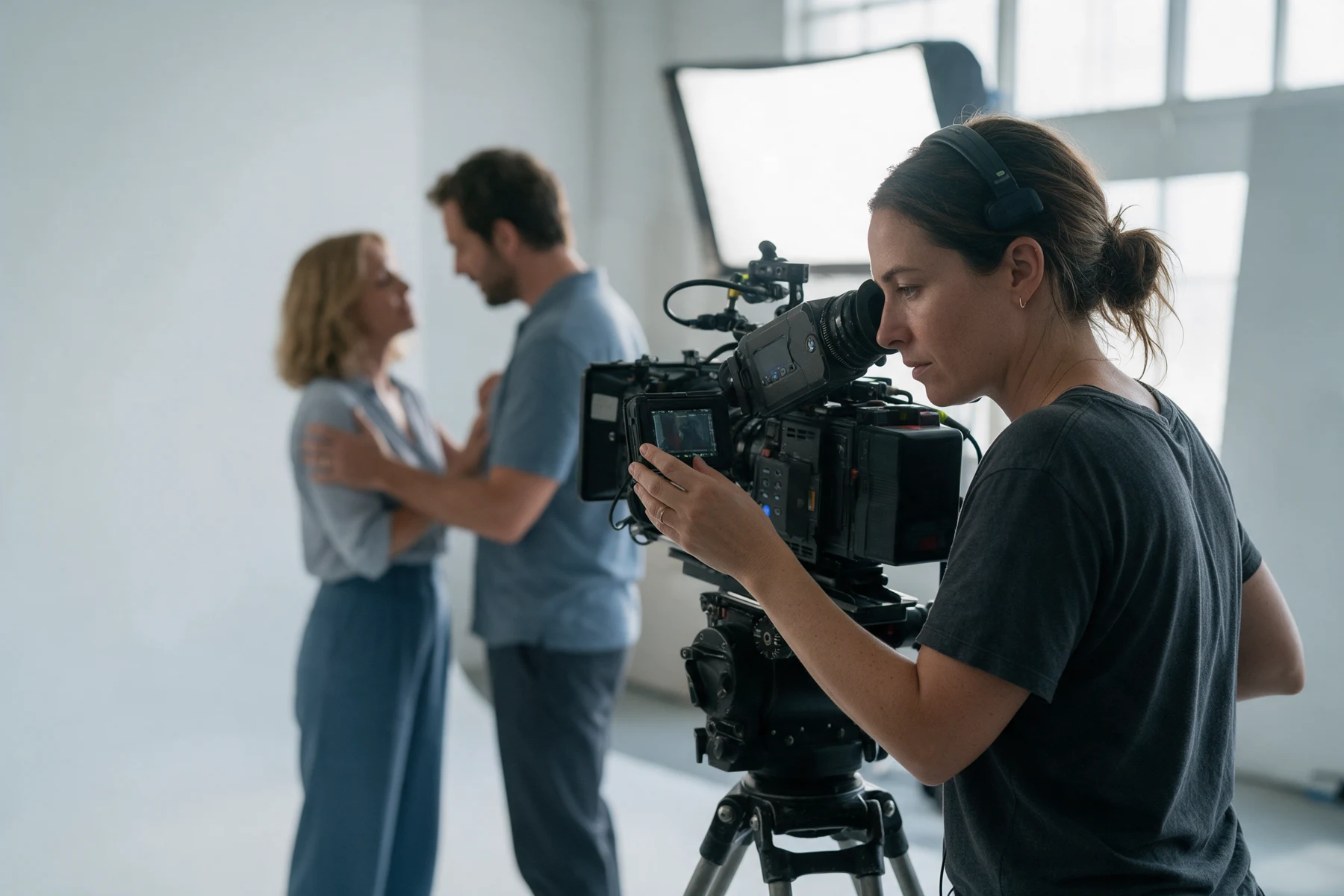 Editorial image of a camera operator preparing a film rehearsal